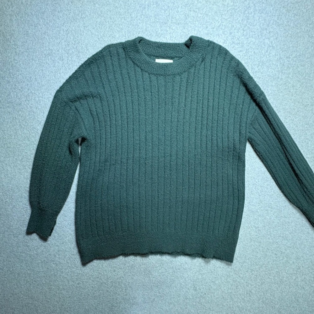 Aerie Forest Green Ribbed Eyelash Knit Crewneck Sweater XS Relaxed Fit Pullover